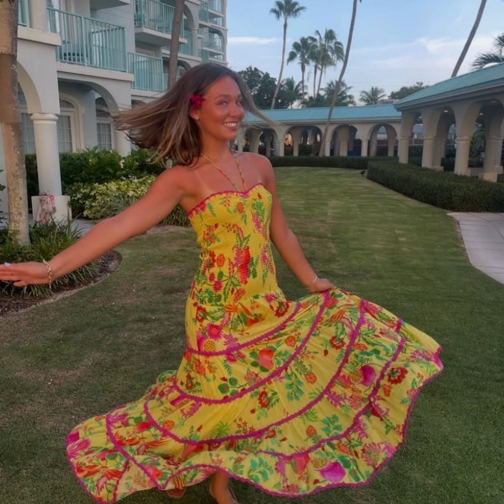 Farm Rio Delicate Fruit Garden Yellow Smocked Strapless Halter Tiered Maxi Dress